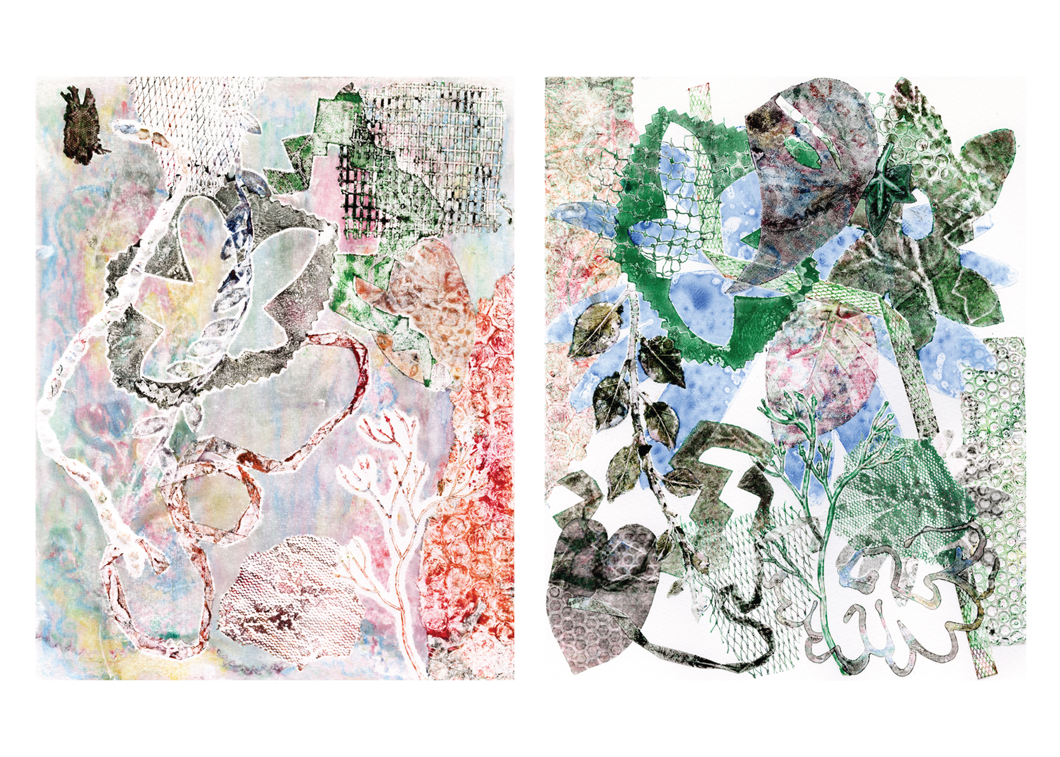 Kevin Harris, "Airegin (Takes 1 & 2)," 2026, Monotype, each: 10 x 8 in. Two abstract printmaking prints by Professor Kevin Harris. Both images focus on natural and floral elements.