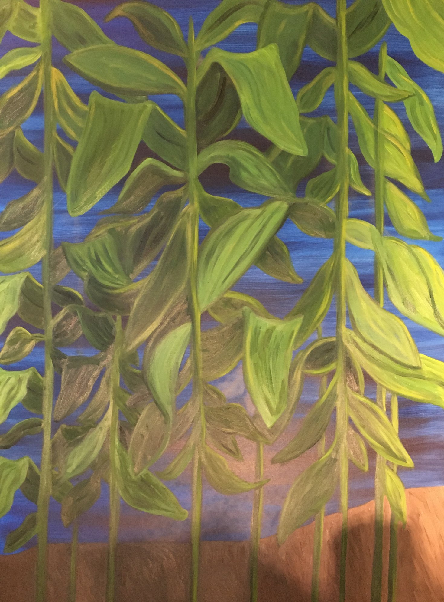 A painting of cornstalks. The frame is filled by the greenery, with a horizontally striped blue sky seen between the leaves. A low horizon of brown earth or sloping land is divided by nine stalks that are cropped by the bottom of the image. Brush strokes are seen throughout the image, but the edges of the leaves are crisp.