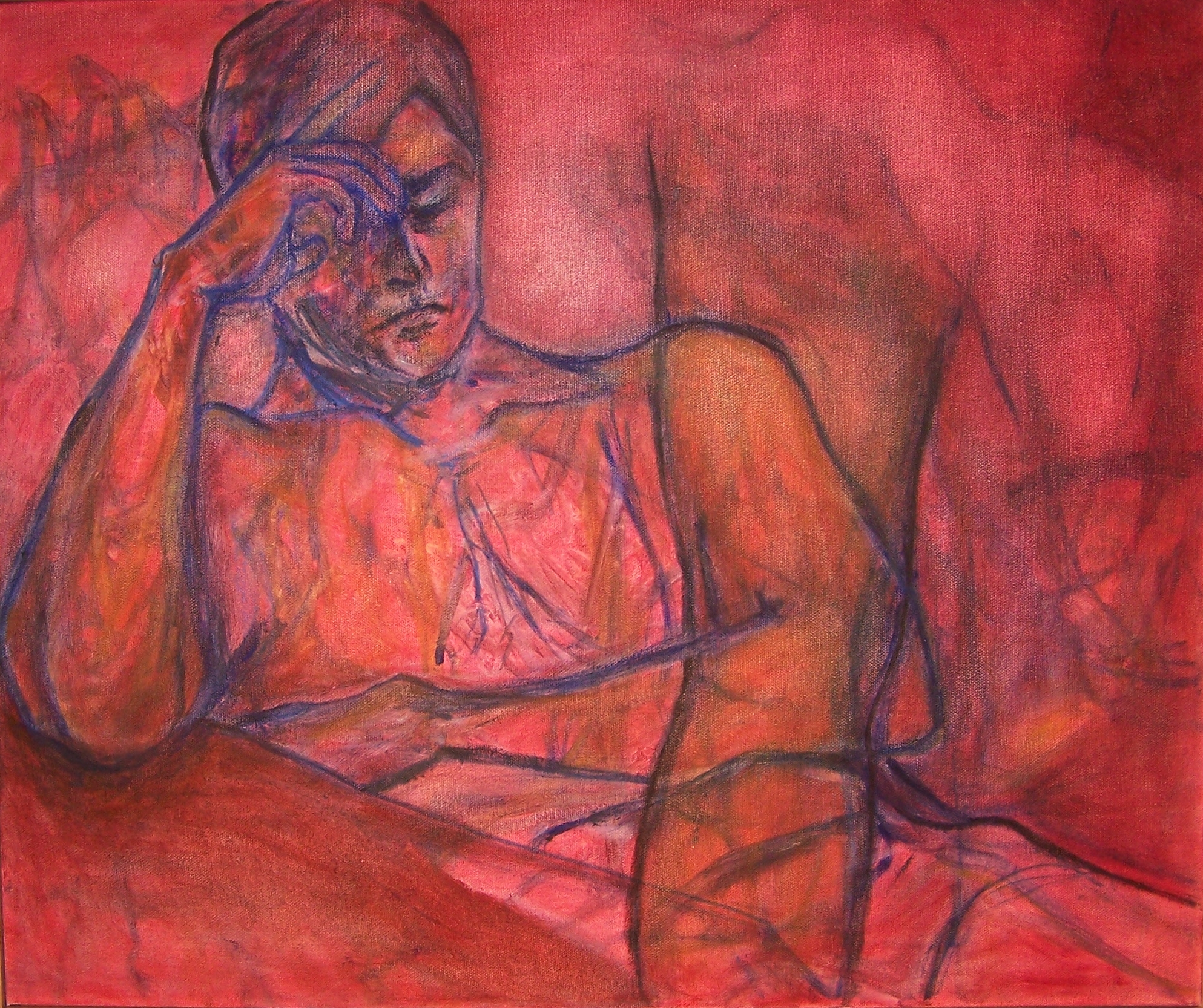 This painting has a magenta ground and features a figure looking down, relaxing back with their elbow resting on a table and their hand to their forehead. The figure’s head is at the top left of the painting, and the body moves diagonally down the frame, but is cropped at the thigh. The work appears to have many iterations of studies of different body parts: legs, feet, hands and the show lightly through the layers reminiscent of pentimenti. There is a relatively large back of the leg collaged on top of the figure’s arm and torso.