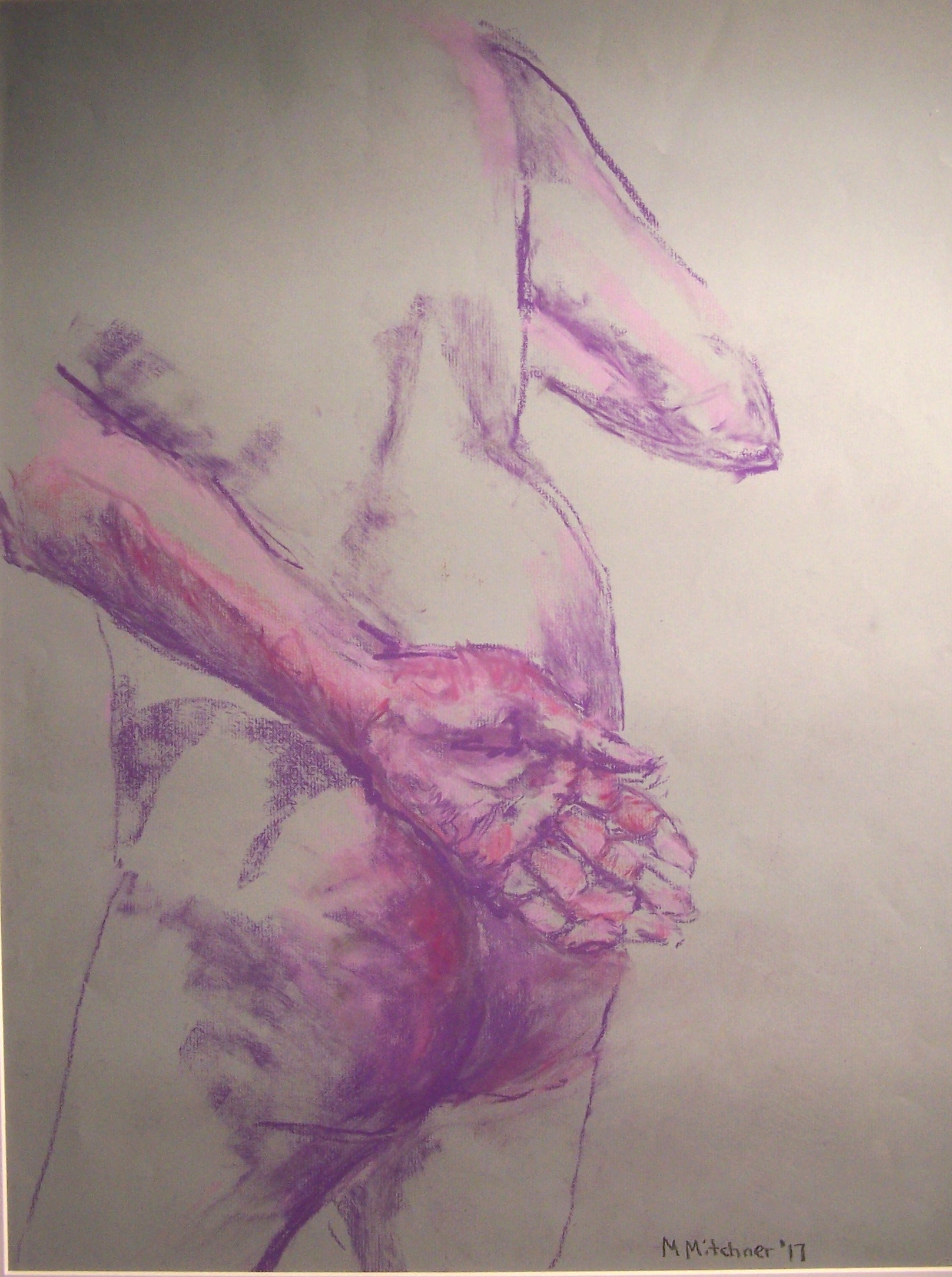 This pink and purple drawing on paper is of a nude figure with their right hand behind their back. The hand is facing towards the viewer and is highly rendered along with parts of the lower back and buttock. The figure is shown from the upper thighs to the upper back. The figure is situated towards the left-hand side of the composition with their right elbow pointing parallel to their left arm. The mid and upper back are not rendered at all. Purple is used for most of the drawing, while pink is used sparingly and some fuschia is used on the hand and buttock.
