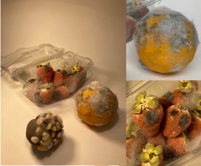 Ceramic fruit are painted in a life-like manner and embellished with fiber-work to make it look moldy. Strawberries in a plastic container, a plum, and an orange are depicted. Multiple views are provided.