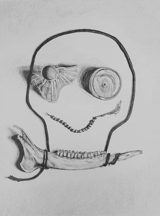 A graphite drawing that initially looks like an abstracted skull, but with closer inspection the left eye is a shuttle cock, the other a candle. The nose is a beaded piece of string, possibly a bracelet and the bottom is the lower jawbone of an animal. The outline of the face is a string that is wrapped around the jawbone. The piece is rendered in a very realistic way with shadows that provide a tromp-l’oeil effect.