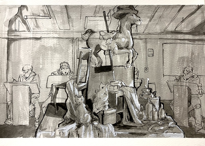 A sketchy ink drawing with ink wash depicting an art studio including students drawing a large, centered still-life. The still life contains multiple levels, a variety of items with a carousel horse wearing a hat on top. Four students sit at drawing horses, two are partially obscured by the large still life.