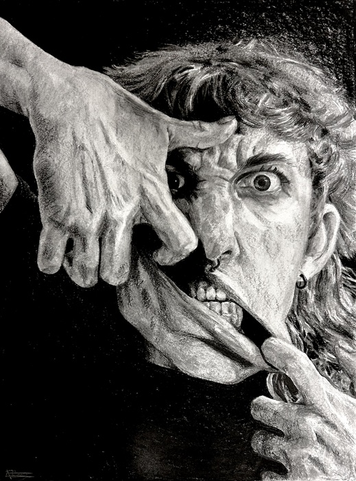 A realistic, high contrast charcoal drawing of an angry face where the figure has their pointer fingers from each hand hooked into their mouth and is pulling diagonally out, revealing teeth and gums.
