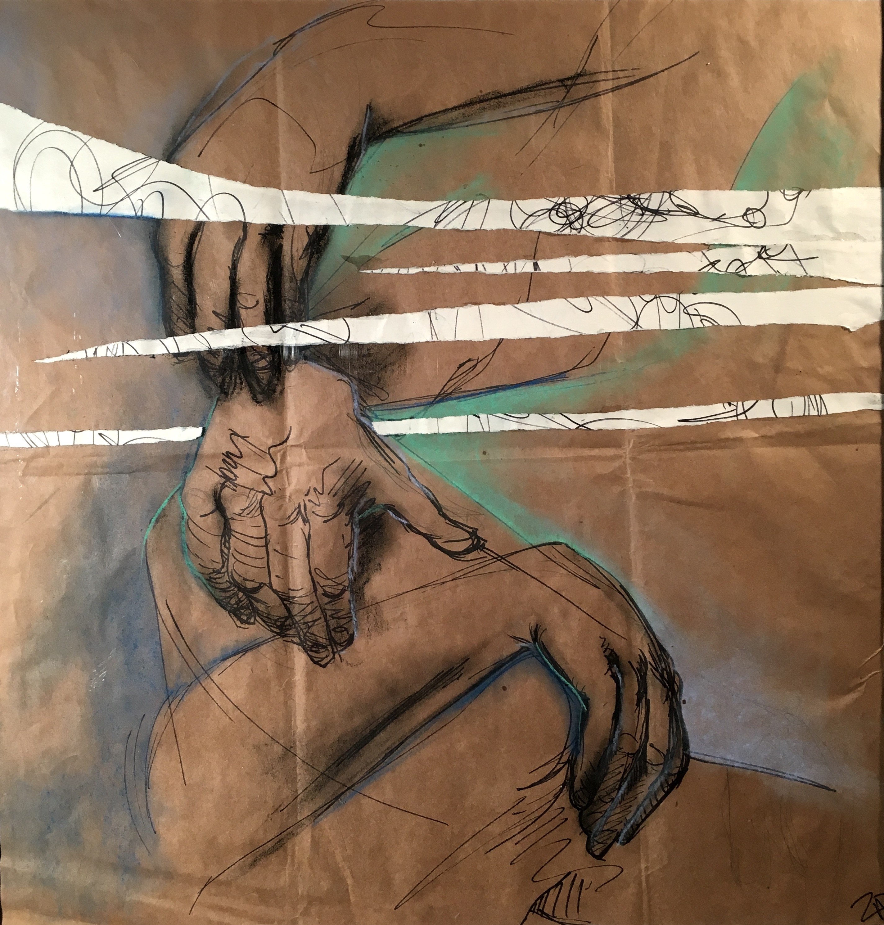 This collage appears to be on brown craft paper. Loosely sketched on the paper are three relaxed hands in marker with touches of charcoal. The bottom hand shows the mid forearm, wrist, and hand angled down at the wrist. It is coming in from the lower left hand side angling upwards. The middle arm is reaching from above from the right and intersects the lower forearm with its pointer and middle finger. It has a bit of foreshortening to the forearm. The top arm is angled down from the top right and overlaps the middle wrist with its pinky, ring finger and middle finger. Thers is a lot of movement in the work and a few sketchy lines outside of the arms and hands. Touches of blue and green pastels are added to the exterior lines in areas, making the hands visually move forward. On top are four torn pieces of white paper in various widths and lengths. They have black scribbles are added in front of the hands in places and are cut to appear to continue behind the middle hand.