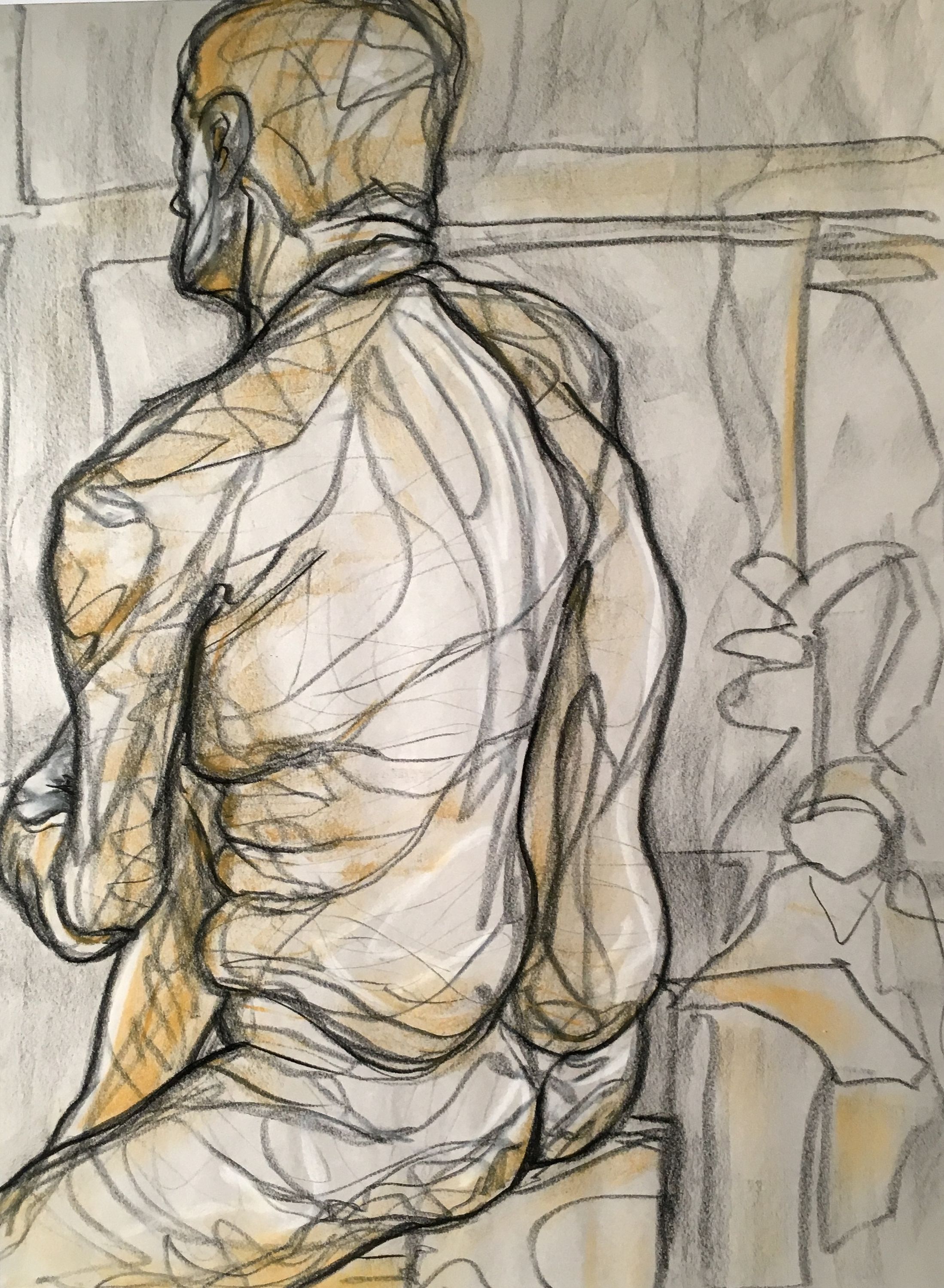 This drawing on paper is of the back of a seated male nude. He is facing to the left and takes up the left two thirds of the composition. He is shown from mid-thigh to almost the top of his head. The lines are fast and sketchy, filling the page. The contour lines of the figure are in a dark charcoal while interior lines are lighter gray and move throughout the form. Loosely depicted non-descript items are in the background. An orange pastel is used to depict the shadow areas of the form and background.