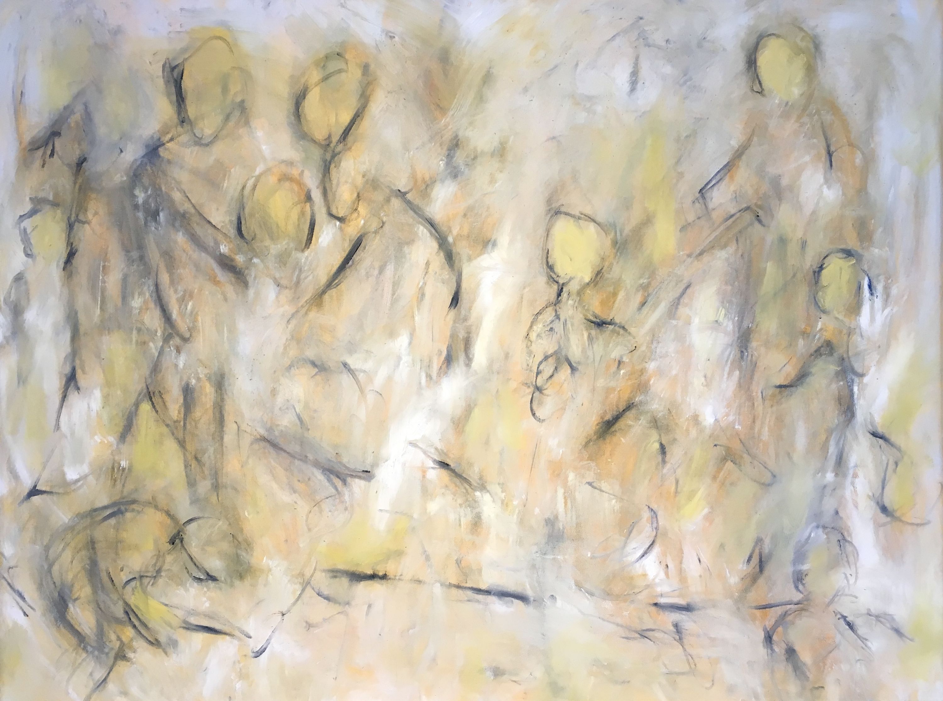 This painting has a very worked surface. The piece has an organic, hazy feel and is mostly non-representational. Faint, black, broken sketchy lines break up the space and begin to depict human forms. Muted yellow heads appear throughout the work, but the rest of the space is taken up with loose strokes of white, orange and yellow moving into one another.