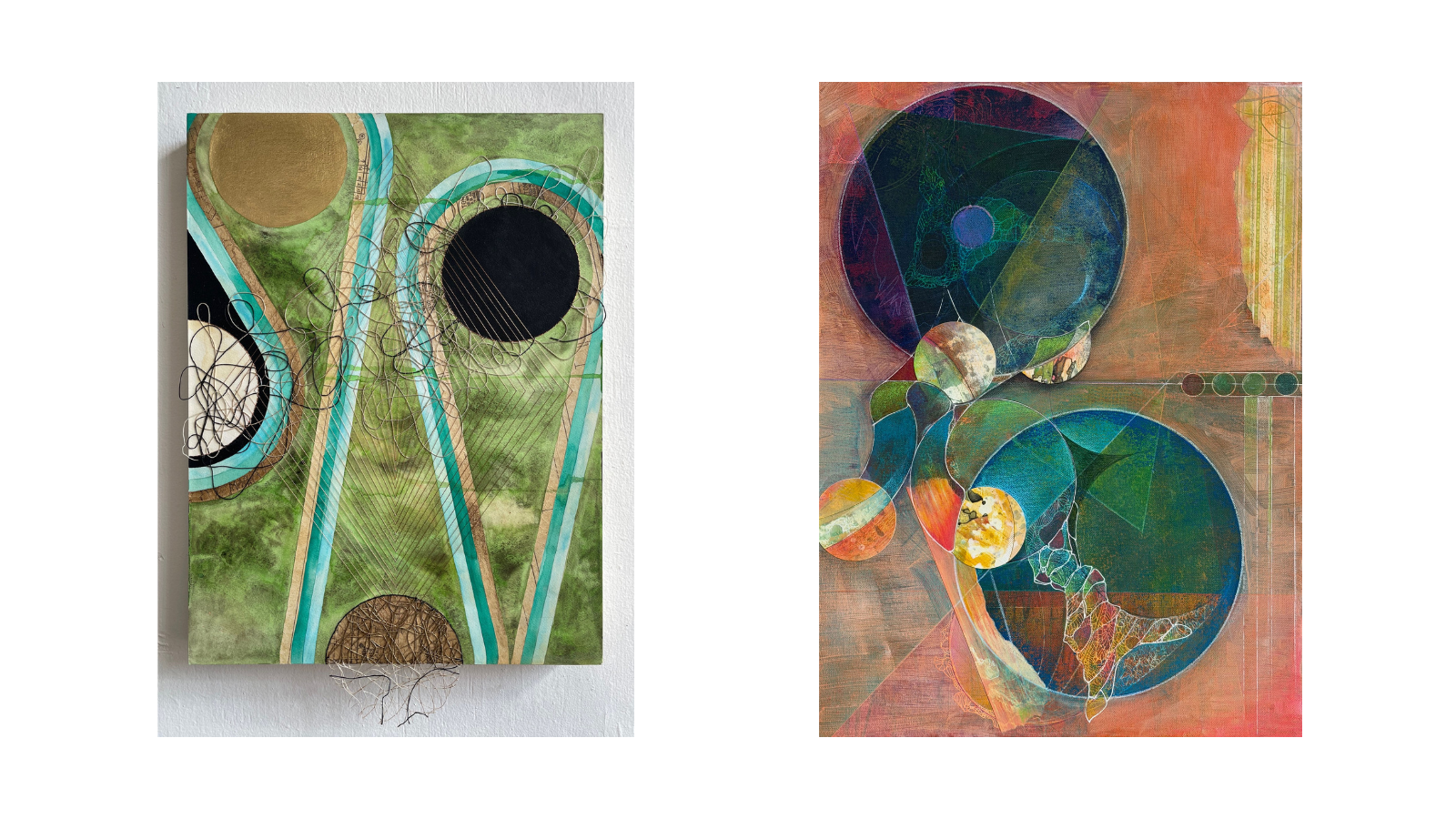 Elisha Frontz, “Title: Nature Abhors a Vacuum,” 2025, Mixed media, 24 x 18 in. Roxanne Grooms, “Alike But Different,” Mixed media on canvas, 24 x 18 in.