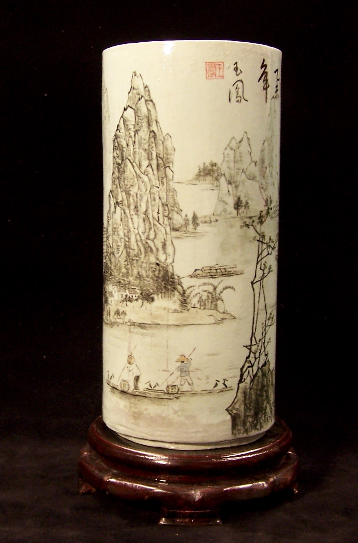 This art piece is named ‘Vase: Li River Brush Painting'