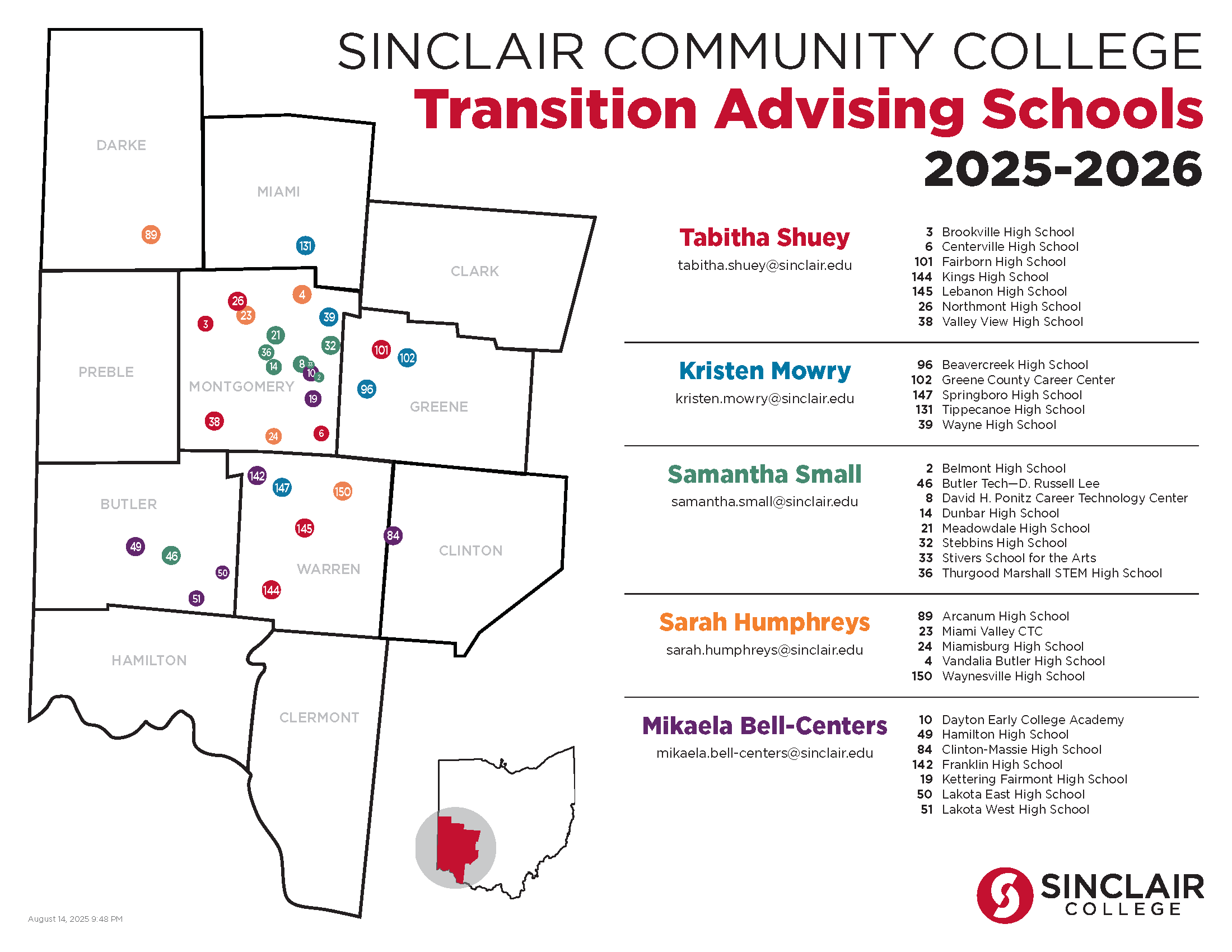 map of Sinclair Community College transition advising schools