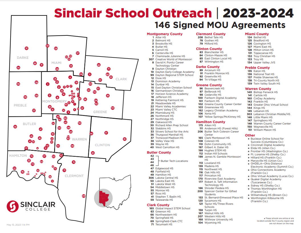 Map of schools that have completed MOU Agreements with Sinclair
