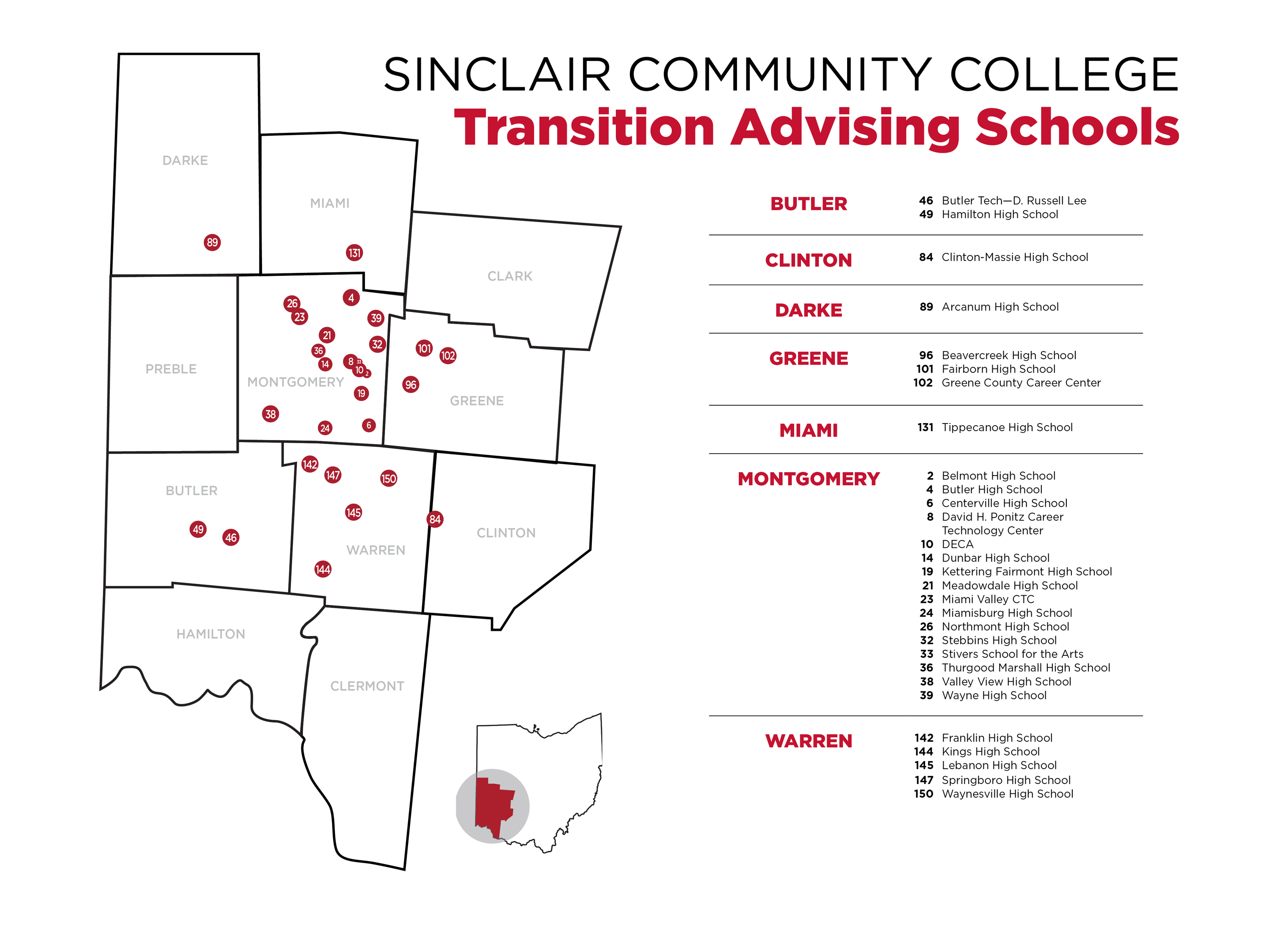 map of Sinclair Community College transition advising schools