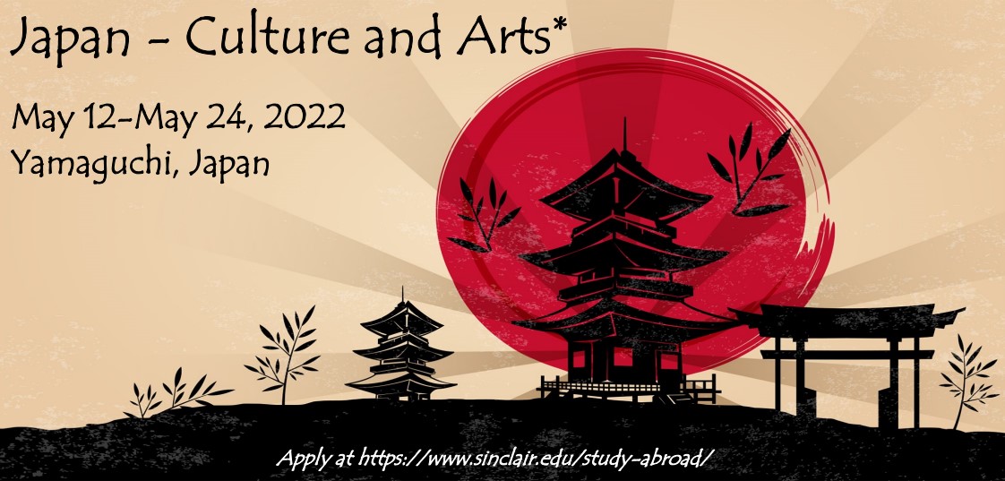 Poster of Japanese drawing with writing above image: Japan - Culture and Arts - May 12-May24, 2022 - Yamaguchi, Japan - Apply at https://www.sinclair.edu/study-abroad/