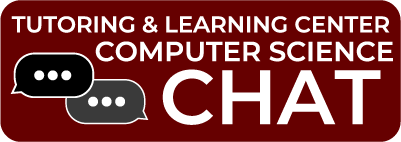 red rectangle box that contains a black chat icon and text that reads tutoring and learning center computer science online chat with a hyperlink to the CIS chat box window