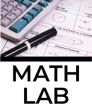 image a calculator and pen on top of math homework and text that reads math lab with a hyperlink to the math lab web page