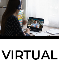 image of student with headphones on sitting at desk in a zoom meeting on their laptop and text that reads virtual with a hyperlink to the virtual tutoring webpage