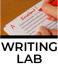 image of a set of hands grading a writing paper with a red pen marked A and excellent! and text that reads writing lab with a hyperlink to the writing lab web page