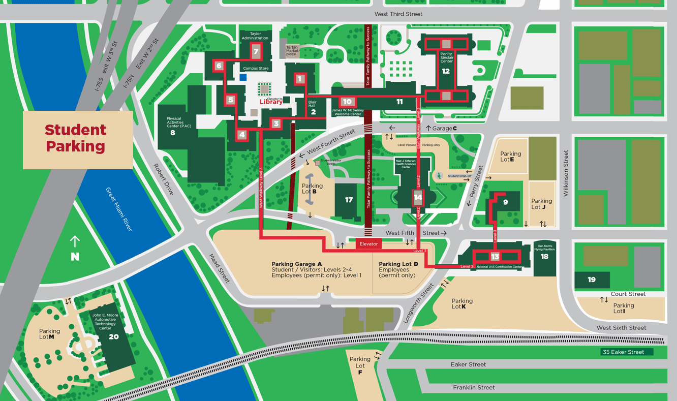 Parking Lots Map: Visitor Parking Areas: A, B, E, F, I, J, K, and M. Accessible Parking Areas in: A, B, E, and K. Student Parking Areas are Lot A, E, F, I, J, K, and M.
