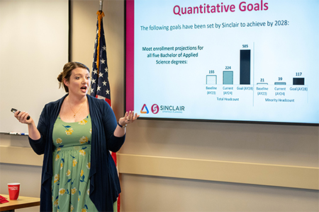 A woman stands in front of a screen presenting information