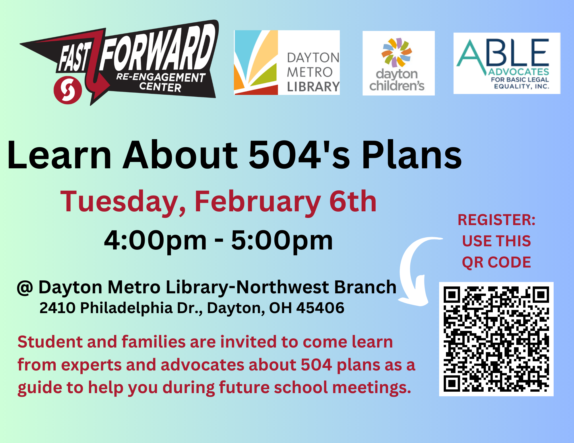 Learn More about 504s! Happening at The Northwest Library Branch on 2/6/24 from 4pm-5pm