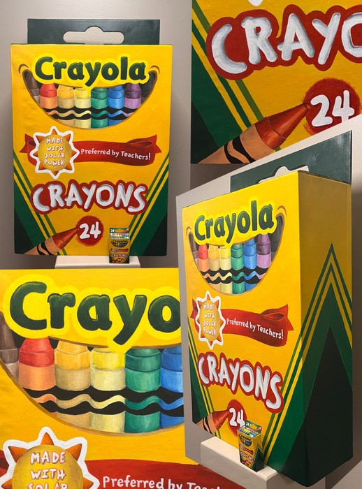An enlarged painted sculptural replica of a box of 24 Crayola crayons. Multiple views are provided.