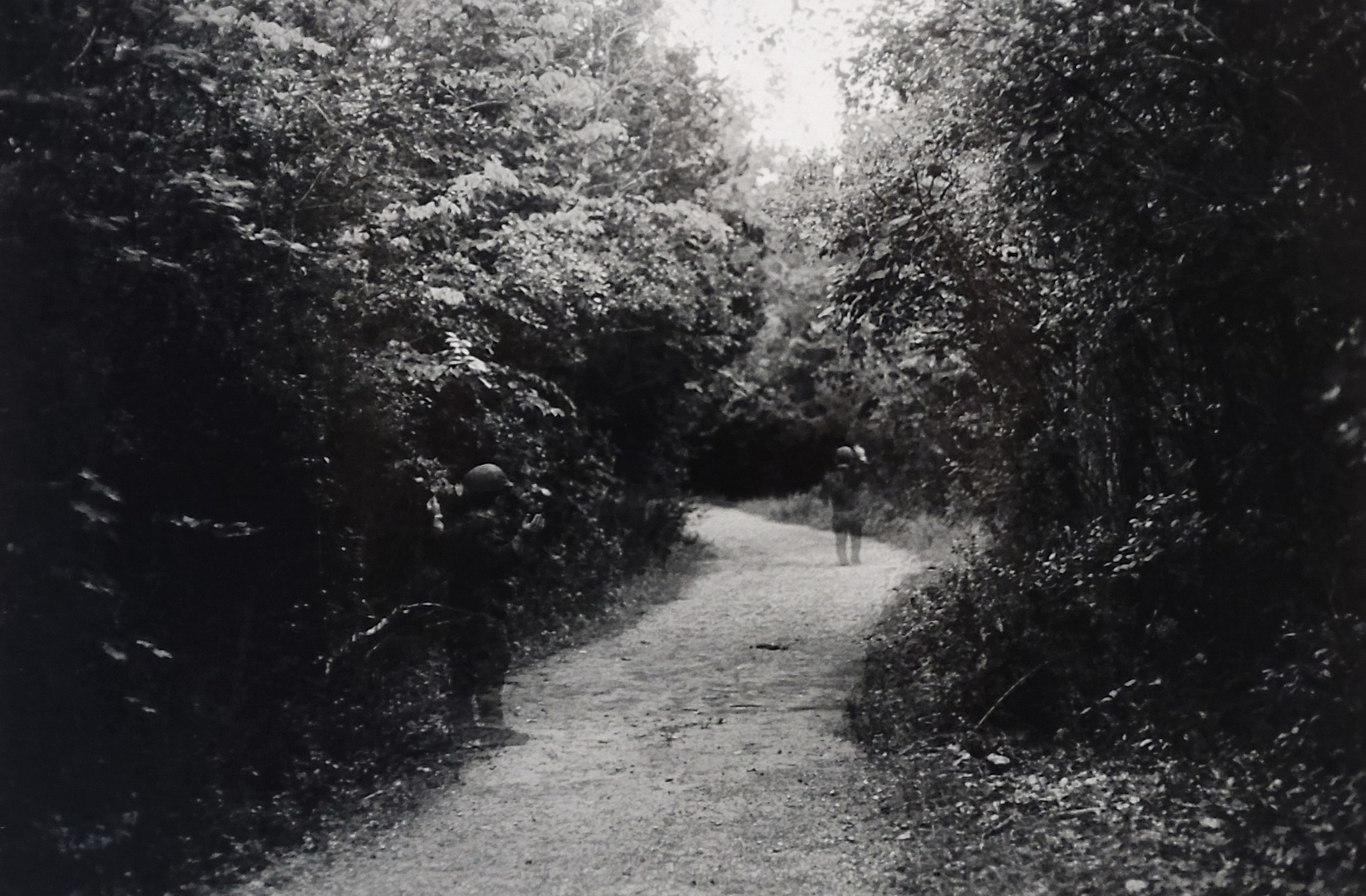 A black and white photograph of an image of a forest path winding and curving to the left behind thick foliage. A “v” of sky mimics and mirrors the path’s receding perspective. On the path are two figures at different points in the path. They are not part of the scene but transparently overlaid on the image.